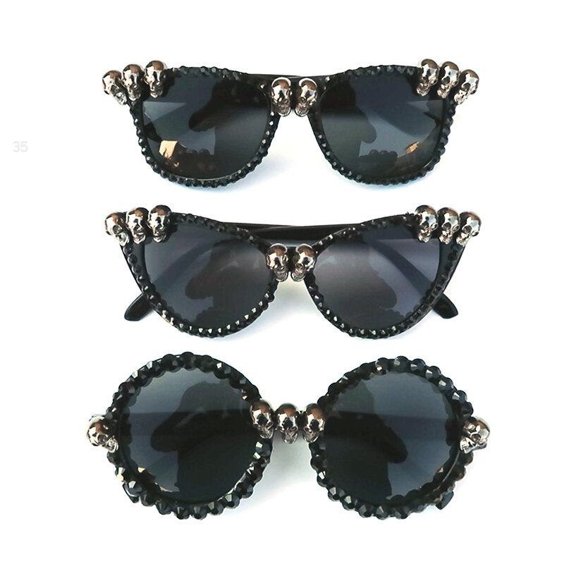Óculos de sol feminino gótico, óculos tipo olho de gato e caveira, redondo, com strass