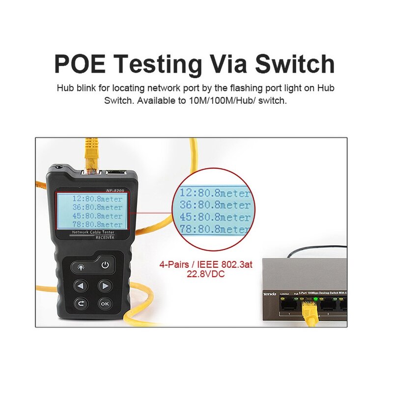 Pantalla LCD de NF-8209, Cable de medición Lan, comprobador de Cable POE Cat5 Cat6, herramienta de Red de prueba, probador de mapa de alambre