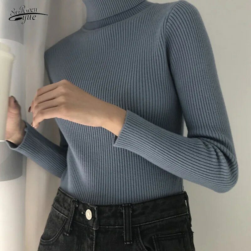 Вязаный свитер, женские трендовые свитера, осенний стиль, новинка, облегающая внутренняя рубашка с высоким воротником и длинными рукавами, ...