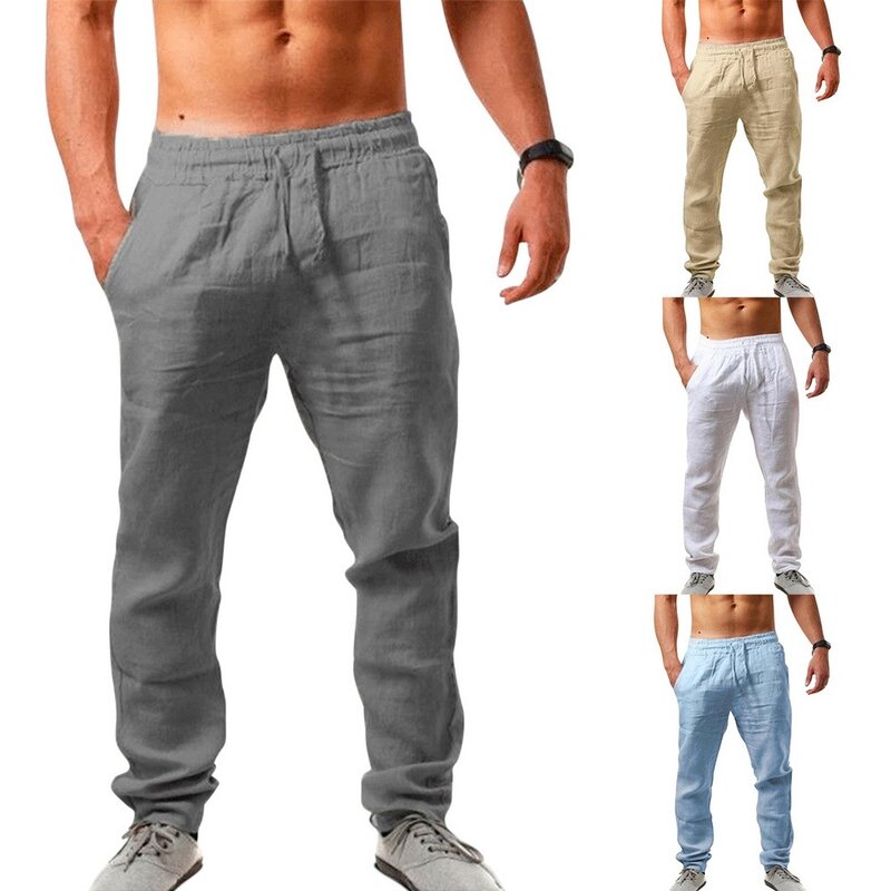 Celana Linen Katun Pria Baru 2021 Celana Panjang Linen Warna Polos Sejuk Musim Panas Pria Pakaian Jalanan Kebugaran M-3XL