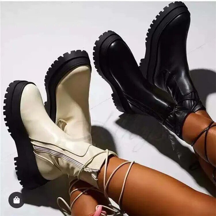Drop Shipping 2021 Fall/Winter Mid-up Boots Work Boots Flat Leather Boots 43 Large Size Thick Bottom Lace-up Women's Boots