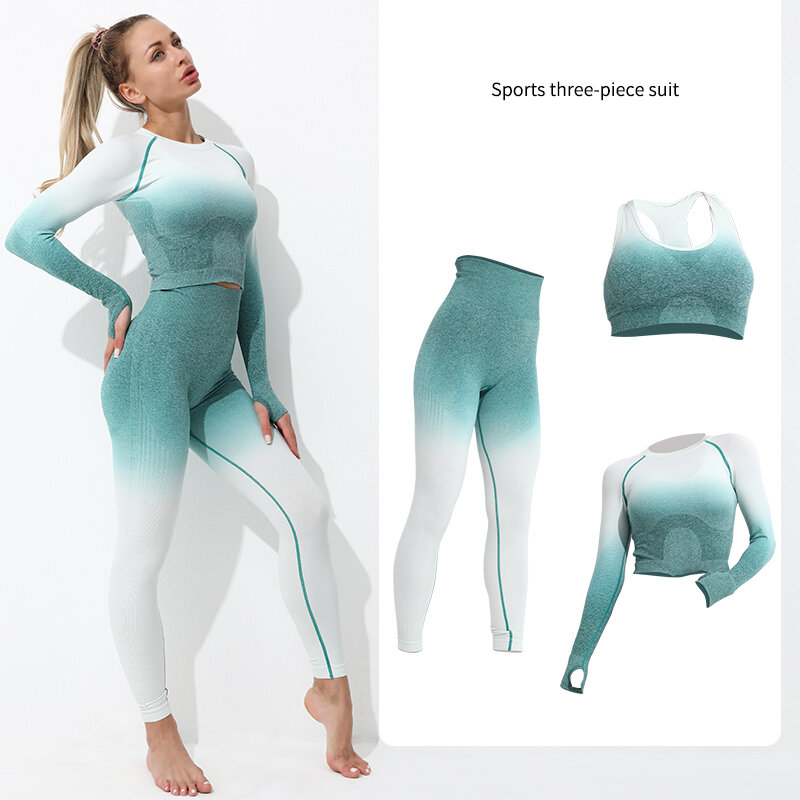 Ombre Seamless Yoga Set Long Sleeve Women Gym Crop Top Sportswear Bra High Waist Leggings Workout Outfit Fitness Yoga Clothing