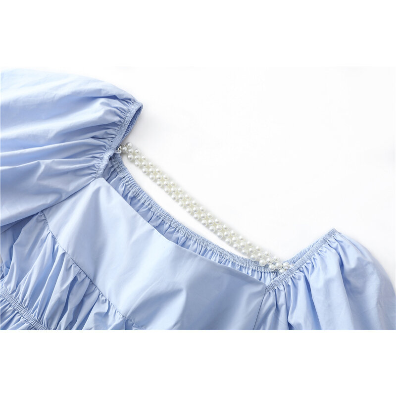 Блузка женская стрейчевая с буфами, модный кроп-топ во французском стиле с коротким рукавом, квадратным воротником и жемчужинами, однотонна...