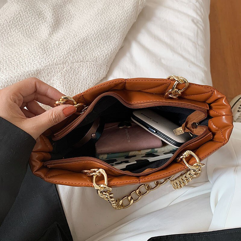 여성을위한 새로운 패션 다이아몬드 격자 숄더 가방 솔리드 PU 가죽 절묘한 자수 라인 토트 백 대용량 핸드백