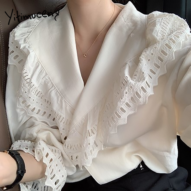 Yitimuceng branco blusa feminina gancho flor oco botão up camisas manga alargamento unicolor 2021 primavera verão coreano moda topos