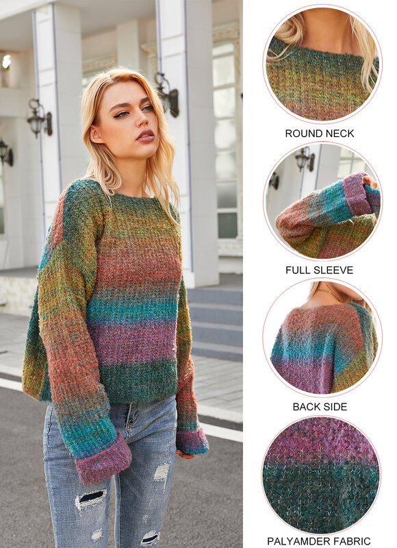Cgyy suéter solto de manga comprida listrado, pulôver casual para primavera listrado colorido do arco-íris gola redonda macia feminina