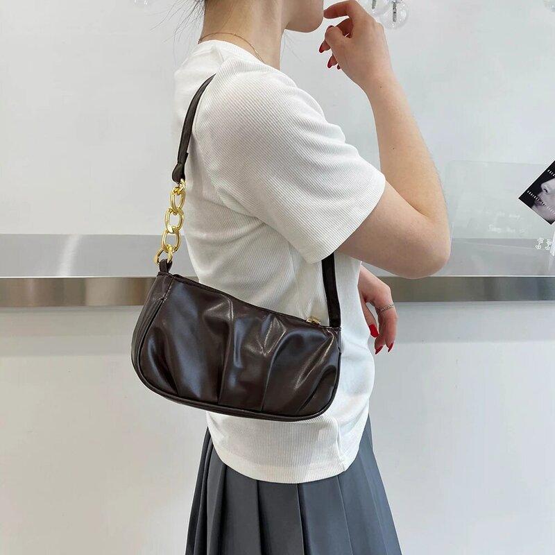 المرأة حقيبة ريترو المرأة مطوي سلسلة سميكة لون نقي الكتف حقيبة تحت الإبط السيدات عادية حقيبة يد صغيرة محفظة بولسا الأنثوية