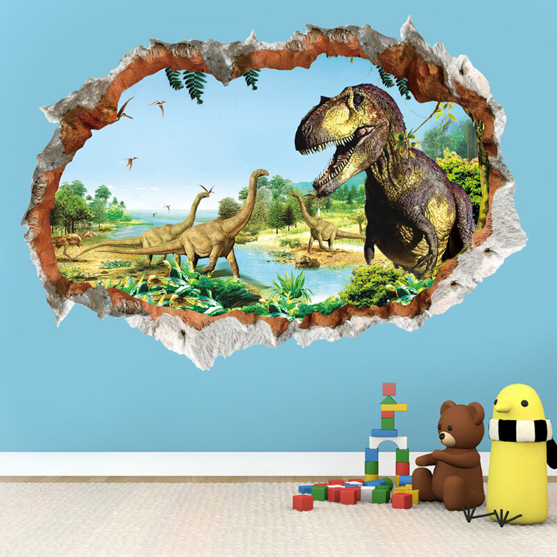 Adesivi murali dinosauro 3d effetto parete sgualcato decorazioni per la casa camera dei bambini rimovibile adesivi murali dino