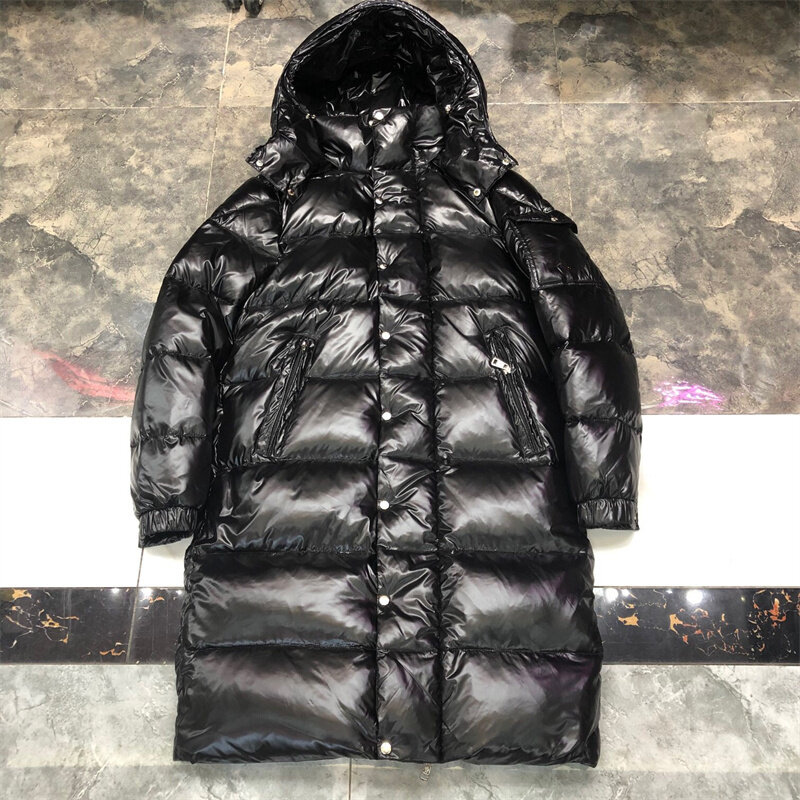 광택 후드 롱 유니섹스 다운 재킷 고품질 블랙 지퍼 업 90% 화이트 덕 다운 따뜻한 코트 남성용 캐주얼 겨울 의류