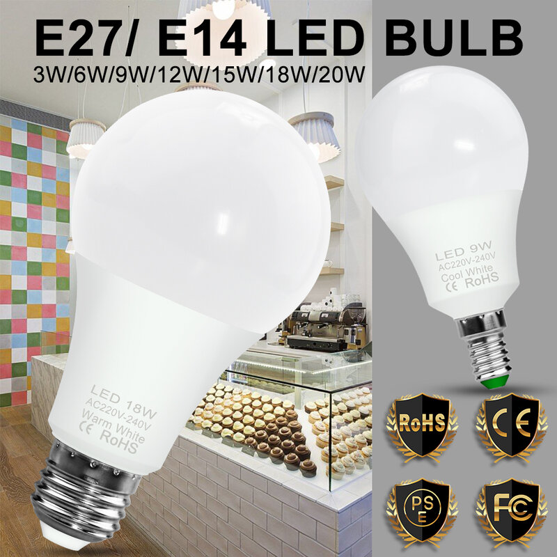 E27 LED 램프 전구 E14 스포트 라이트 220V 할로겐 램프 3W 6W 9W 12W 15W 18W 20W LED 스포트라이트, 샹들리에 캔들 라이트 2835