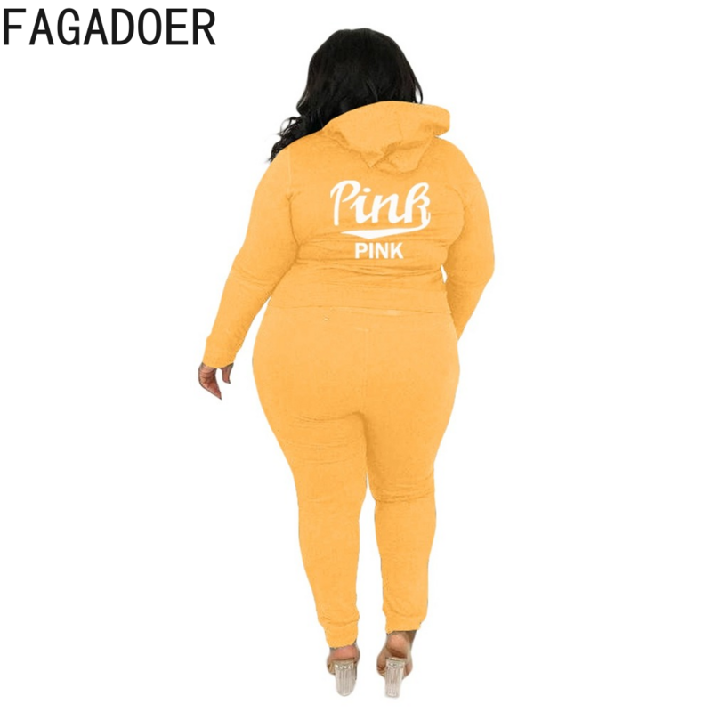 Fagadoer Plus Size Roze Brief Print Tweedelige Sets Trainingspak Vrouwen Rits Kapmantel En Legging Broek Lente Herfst Outfit 2021