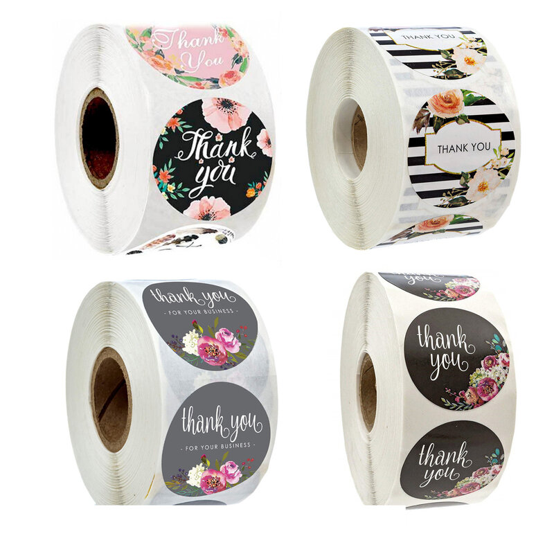 Rotondo floreale grazie adesivi fiore nero etichette adesive di carta per lo Shopping piccolo negozio di affari rotolo di 500 adesivi