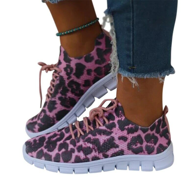 Baskets plates en maille léopard à lacets pour femmes, chaussures d'extérieur légères, vulcanisées, respirantes, nouvelle collection 2021