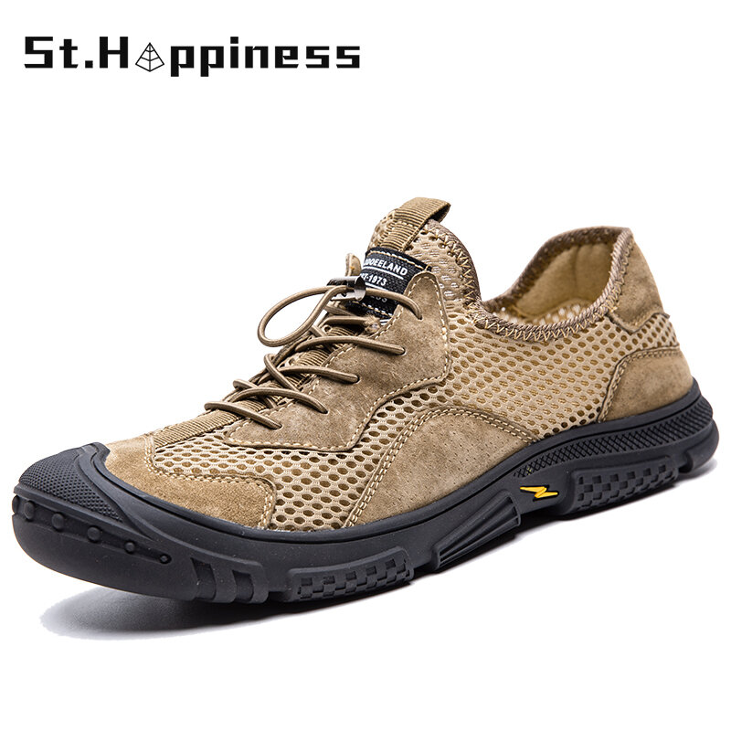 2021 Summer New Men's Leather Mesh Stitching Sneaker Outdoor Breathable Hiking Shoes Luxury Beach Casual Sport Shoes Big Size