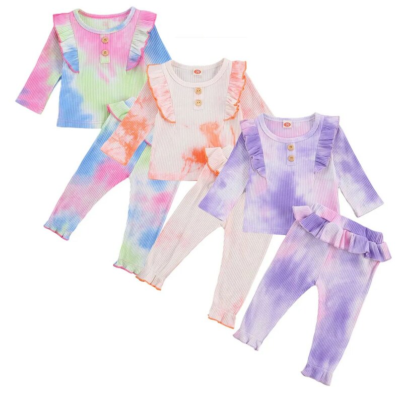 2020 Fall Spring maluch zestaw ubranek dla dziewczynki niemowlę wzburzyć z długim rękawem okrągły krawat Dye Print body Top + zestaw spodni 0-24M