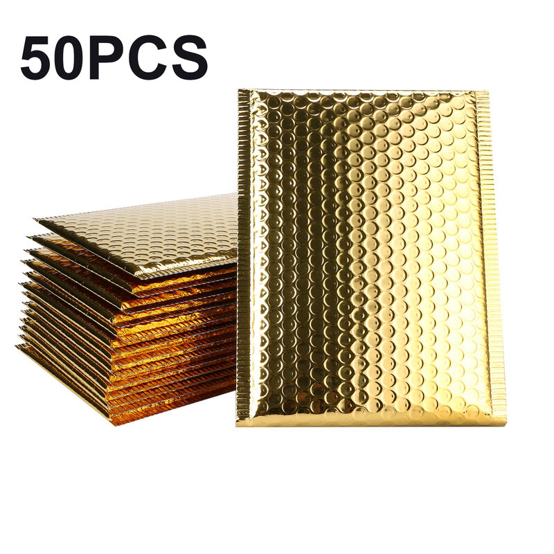 50個ゴールドカラークラフトバブルメーラーpadded封筒裏地ポリメーラー自己シールaluminizer包装無料パッド入り封筒