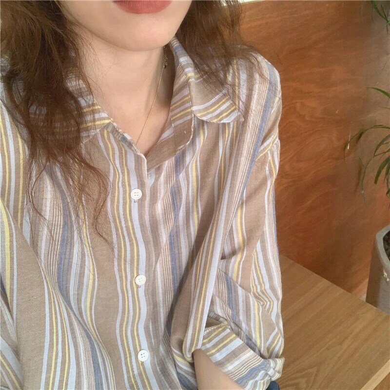 Блузка женская хлопковая в винтажную полоску, Повседневная Свободная рубашка в Корейском стиле, на пуговицах, с длинным рукавом, осень