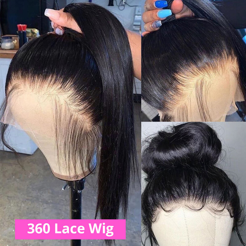 360 Wig Renda Penuh Rambut Manusia Brasil Lurus Renda Depan Wig Manusia 13X4 HD Renda Frontal Wig Presplucked Wig untuk Wanita Ekor Kuda