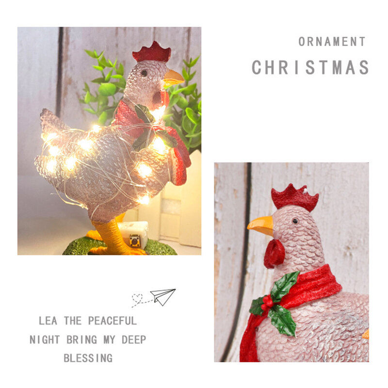 Ilumine acima o enfeite de natal da galinha da resina do lenço com 20led luzes da corda para o gramado do jardim ao ar livre decoração interna