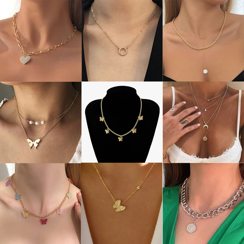 女性のためのゴールドカラーのネックレス,新しいファッション,蝶,ハート,ギフト,送料無料