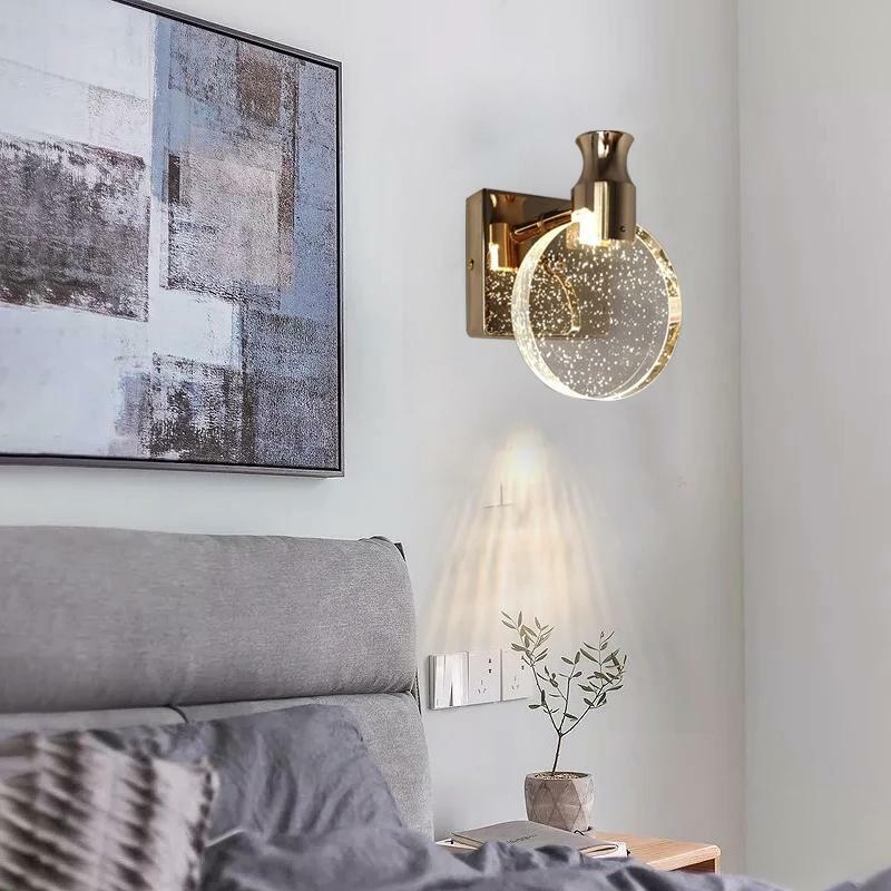 Lámpara de pared de cristal de calidad moderna, luz Led de pared nórdica dorada para dormitorio, mesita de noche, escalera, baño, sala de estar, lámpara de espejo redondo