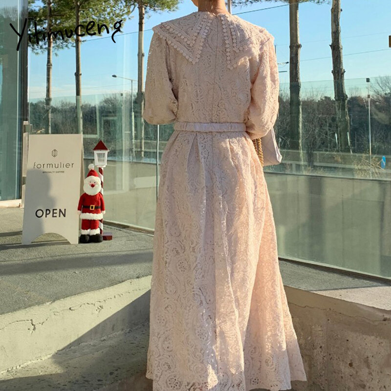 Yitimuceng Spitze Kleider für Frauen Schärpen Koreanischen Mode Maxi Kleid Langarm Büro Dame Apricot Grau sommerkleid 2021 Frühling