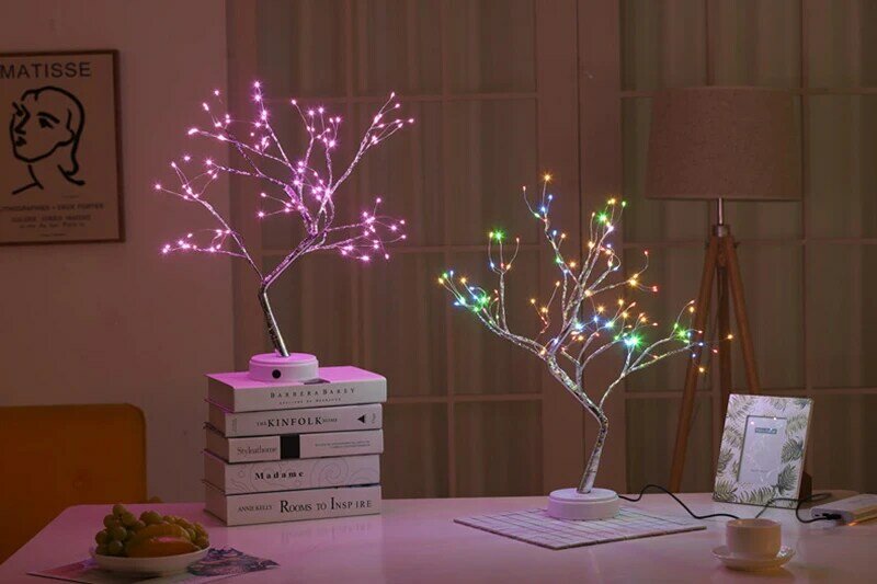 Luz de hadas con árboles brillantes, Mini árbol de Navidad, guirnalda de alambre de cobre, lámpara de hadas para vacaciones