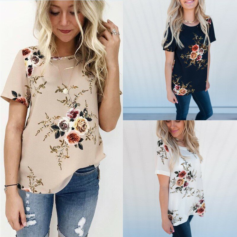 2020 sommer Beiläufige Stilvolle Frauen Casual Floral Print Kurzarm Chiffon Shirts O-ansatz Tops Mode S M L XL XXL XXXL!