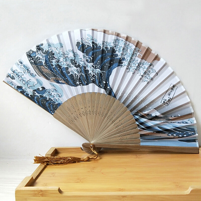 Leque dobrável de bambu vintage, leque de seda para presente de casamento, ondas japonesas