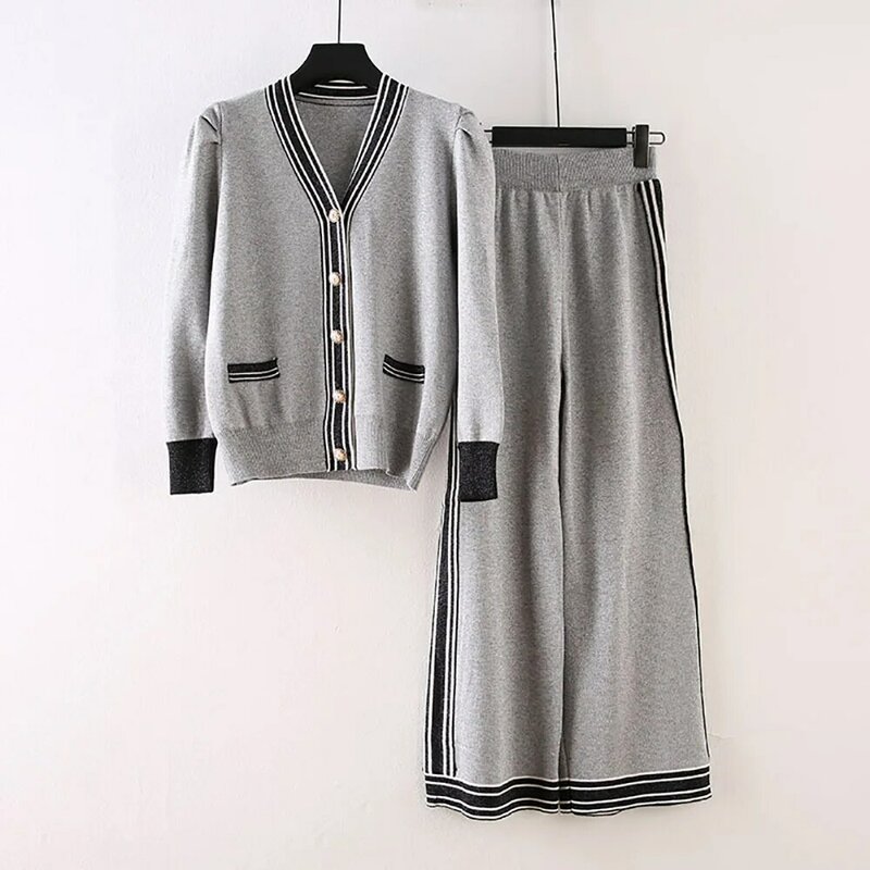 VKBN-traje de pantalones largos de punto para mujer, cárdigan de manga larga de cintura alta, suéter, conjunto de 2 piezas