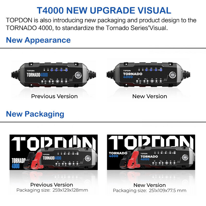 Topdon-T4000 자동 배터리 충전기, 6V, 12V 자동차 배터리 충전기, 오토바이 배터리 충전기, 20Ah -150Ah 배터리용