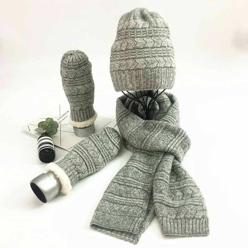 Traje de tres piezas de lana tejida para otoño e invierno, gorro de lana cálido de color puro y bufanda con guante