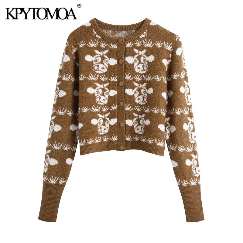KPYTOMOA 여성 2021 패션 동물 자카드 자른 니트 카디건 스웨터 빈티지 긴 소매 여성 겉옷 세련된상의
