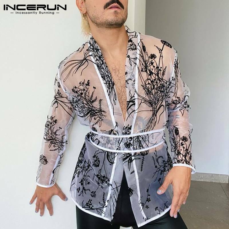 INCERUN Tops 2021 New Mens Sexy Leisure Transparent Printed Long-sleeved Loose Blouse Casual Comfortable Cardigan Camiseta S-5XL