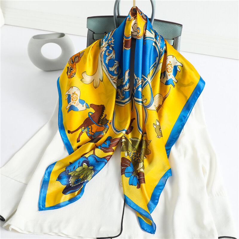 Kwiatowy Print satynowy jedwabny kwadratowy szalik kobiety hidżab chustka torba Wrap i szal pałąk moda szalik szalik fular 90*90cm