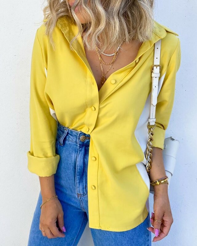 Blusa casual vestuário de escritório feminino 2021 outono nova moda manga longa amarelo lapela manga comprida camisa de lazer superior