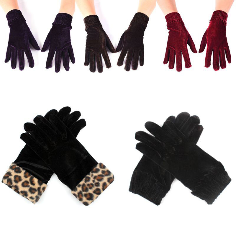 Fashion Women Black Velvet Leopard female gloves Cycling cold Winter Warm Full Finger Gloves Elegant soft handmade Mittens