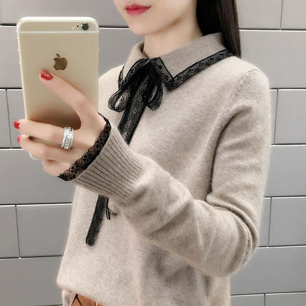 Vintage Turn-down Collar Autumn Loose Sweater Women 2021 Korean Lace-up Women Knitted Pullovers Casual Female Jumper Sweater Top