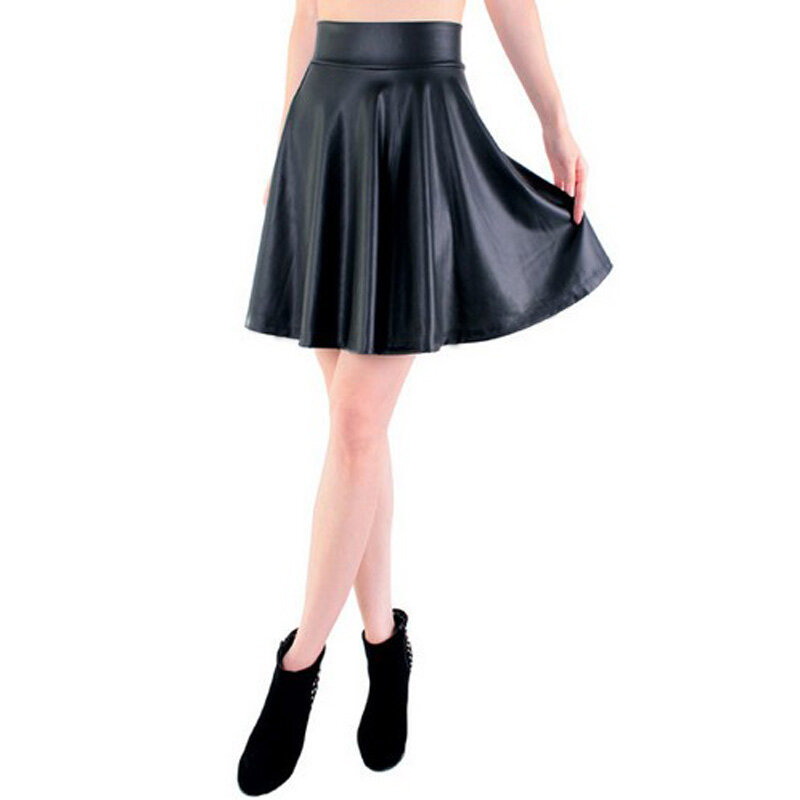 Free Shipping New High Waist Faux Leather Skater Flare Casual Mini  Knee Length Solid Color Black Skirt S/M/L/XL