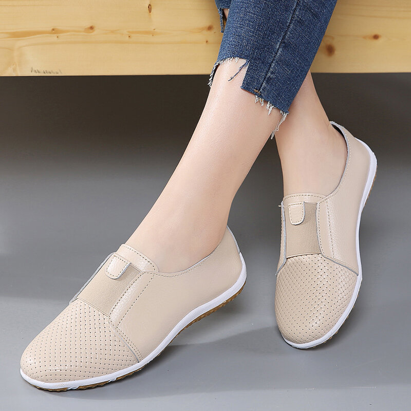 Zapatos planos informales de piel auténtica para mujer-Blanco 