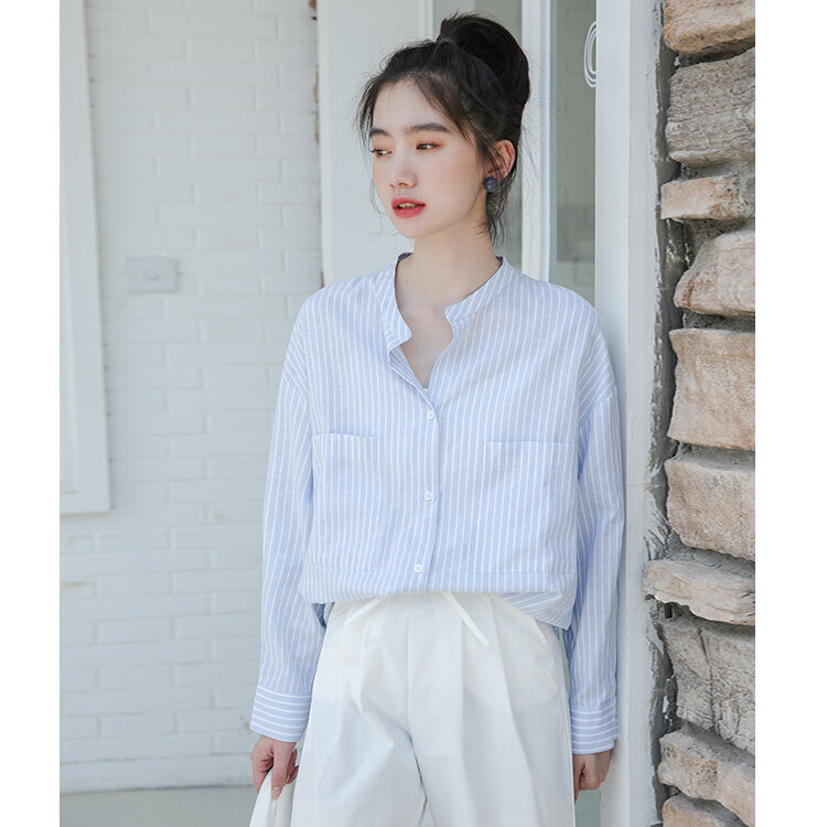 Striped Loose Long-Sleeved Blusas Mujer De Moda 2020 New Shirt Women's Casual Style Top Cotton Shirt Woman Clothes T224i