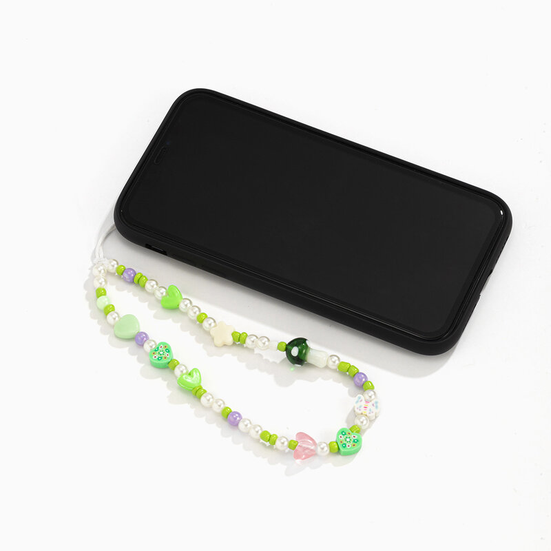 الفطر الأخضر سلسلة هاتف على شكل قلب زهرة النساء الفخار لينة مطرز حزام المحمول حلية هاتف فتاة مكافحة خسر الحبل مجوهرات