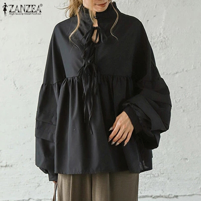 여성 2021 패션 셔츠 ZANZEA 긴 퍼프 슬리브 블라우스, 우아한 패치 워크 탑 캐주얼 인형 O 넥 블라우스