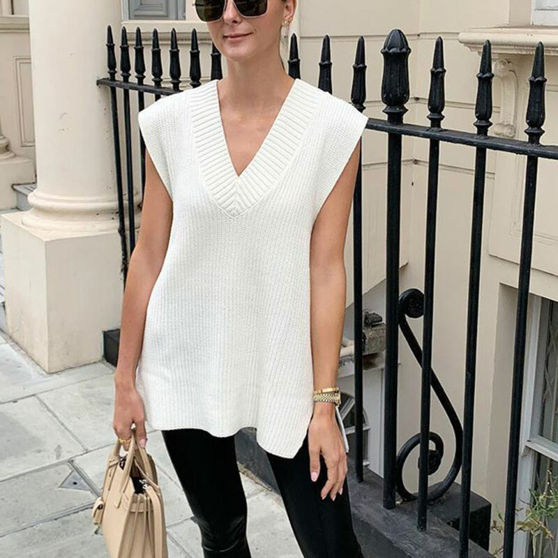 Elegant V Neck Waistcoat Casual Sleeveless Knitted Sweater Women Vintage Y2K Loose Sweater Vest Autumn Winter Pullover Outwear