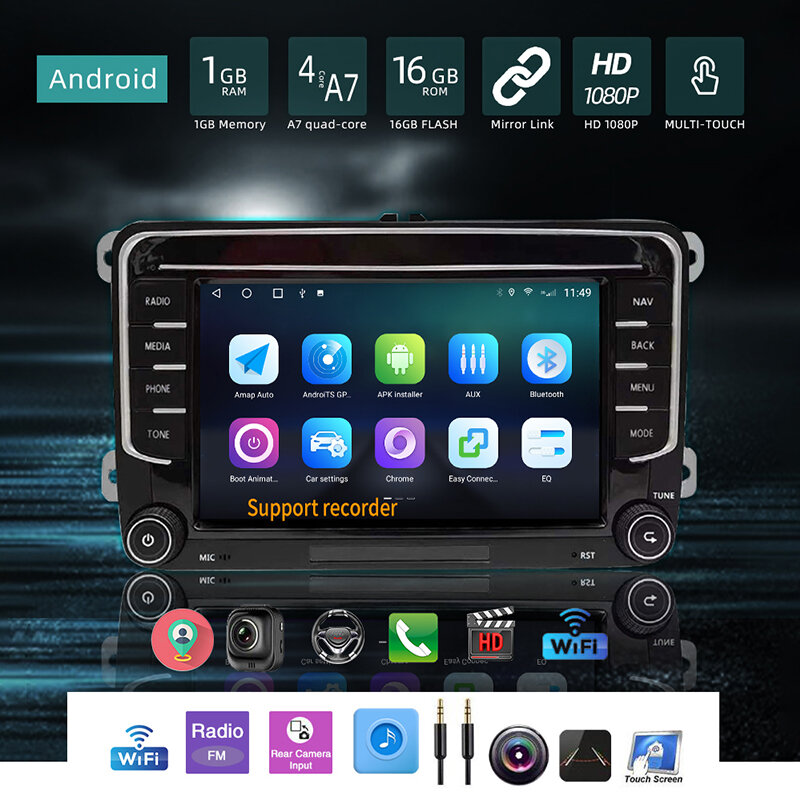 Radio con GPS para coche, reproductor de vídeo con pantalla táctil IPS de 7 pulgadas, FM, Bluetooth, WIFI, RDS, Mirrorlink, navegación por VW, Golf, Skoda