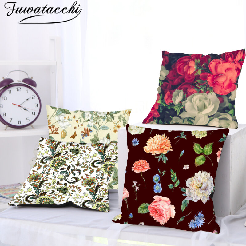 Fuwatacchi Green Leaves Cushion Covers Beautiful Flowers Pillow Covers for Home Sofa Decorative Throw Pillowcases Funda Cojin