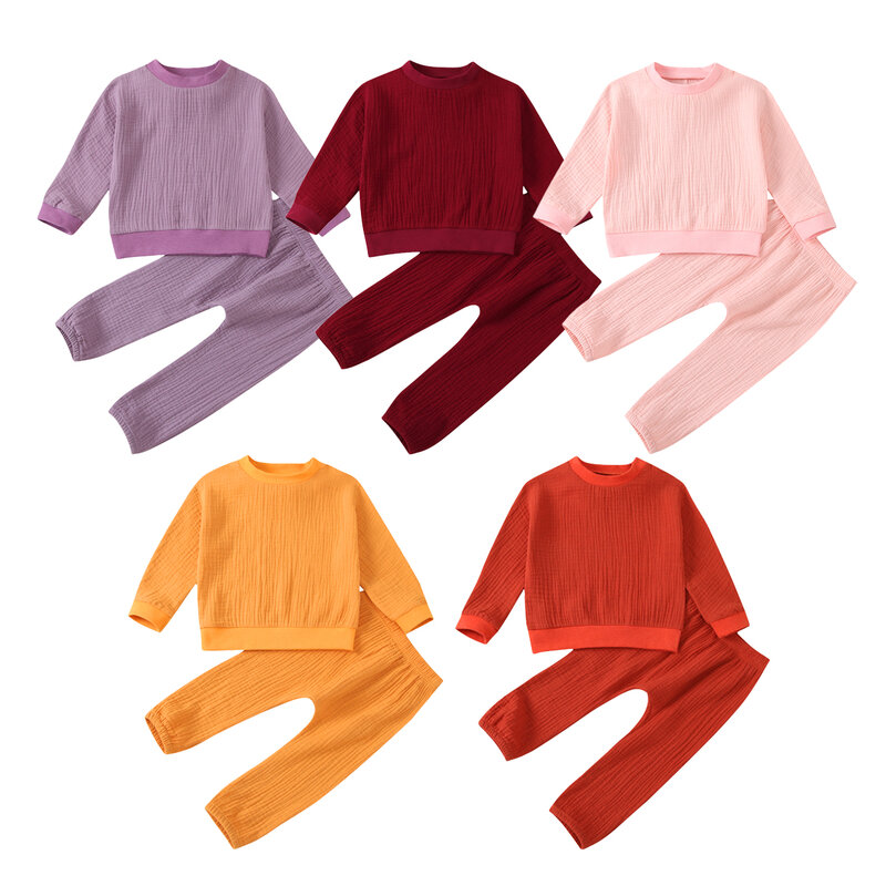 Conjunto de ropa para bebés y niños pequeños, jersey de manga larga con cuello redondo, sudadera + Pantalones de Color sólido, traje de 0 a 24M, otoño 2020