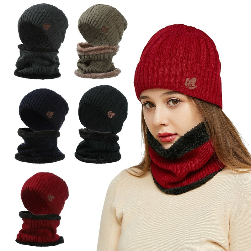 Winter Warm Beanie Hats Scarf Set Warm Knit Hat Skull Cap Neck Warmer with Thick Fleece Lined Winter Hat and Scarf for Men Women