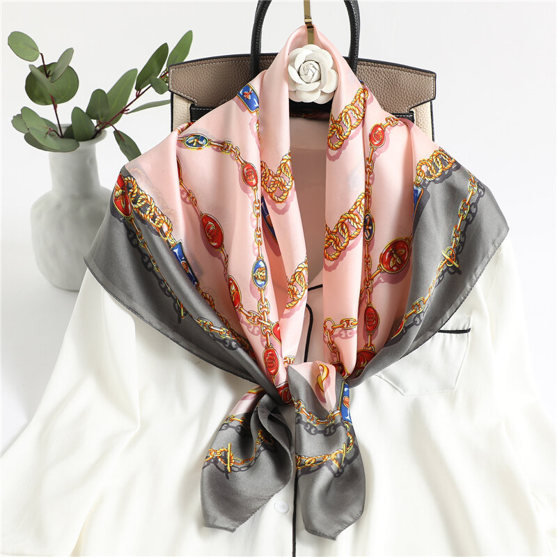 Bufanda cuadrada de seda satinada para mujer, pañuelo de marca de lujo, Hijab, diadema, chal, 90x90cm, 2022