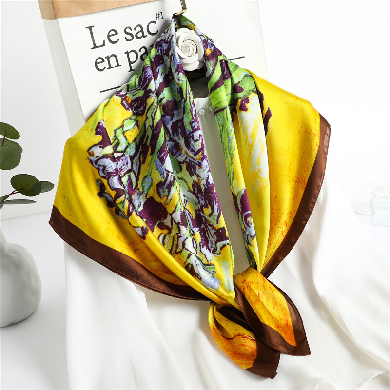 Foulard carré en Satin de soie imprimé Floral pour femmes, Hijab, marque de luxe, châle, sac enveloppant, Bandana pour cheveux, bandeau 90x90cm